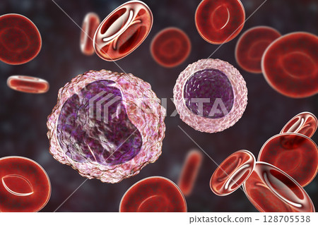 Monocyte and lymphocyte surrounded by red blood cells 128705538