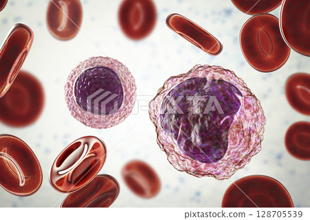 Lymphocyte and monocyte surrounded by red blood cells Lymphocyte and monocyte surrounded by red blood cells 128705539