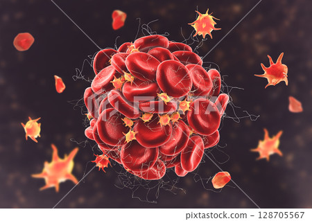 Blood clot made of red blood cells, platelets and fibrin protein strands. Thrombus Blood clot made of red blood cells, platelets and fibrin protein strands. Thrombus 128705567