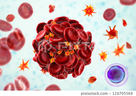 Blood clot made of red blood cells, platelets and fibrin protein strands. Thrombus 128705568
