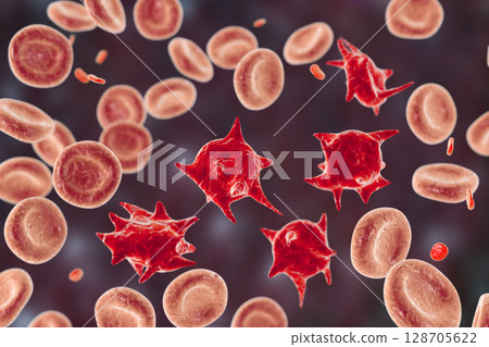 Acanthocytes, abnormal red blood cells with thorn-like projections Acanthocytes, abnormal red blood cells with thorn-like projections 128705622
