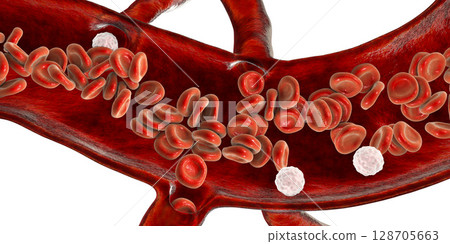 Red blood cells and leukocytes, cross-section of a blood vessel Red blood cells and leukocytes, cross-section of a blood vessel 128705663