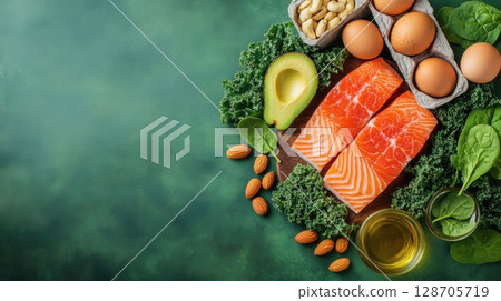 Fresh salmon, avocado, leafy greens, eggs, and nuts are arranged on a vibrant green surface, highlighting clean eating, balanced diet, and nutrient-rich meals 128705719