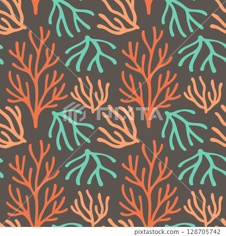 Stylized coral and seaweed branches in orange and teal form a tropical marine-inspired seamless background ideal for textiles, wallpaper, and nature graphics 128705742