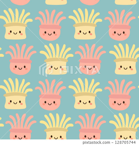 Whimsical yellow and pink anemone characters with tentacle tops create a cute underwater pattern ideal for kids products, ocean designs, and playful decor Whimsical yellow and pink anemone characters with tentacle tops create a cute underwater pattern ideal for kids products, ocean designs, and playful decor 128705744