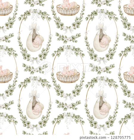 Seamless watercolor Pattern with sleeping Babies in bassinets, swaddled in ribbon wreaths and surrounded by eucalyptus leaves. Illustration pf Background with Infant in cradle childish wrapping paper. 128705775