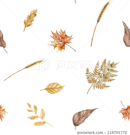 Watercolor seamless pattern with autumn leaves, ferns, and wheat. illustration of Fall background with dry plants for seasonal wrapping paper or textile design. Ornament with herbs. 128705778