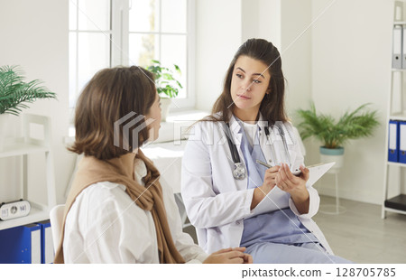 Doctor holding report file with appointment and listening her woman patient in clinic. 128705785