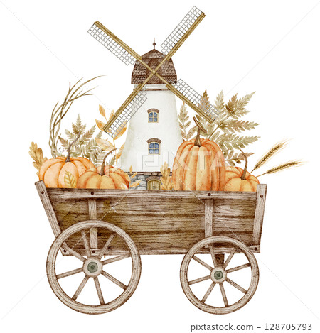 Watercolor illustration of a Rustic wooden Cart filled with Pumpkins, grain, and fall foliage in front of a Windmill. Autumn drawing for harvest festival greeting cards or invitations. Watercolor illustration of a Rustic wooden Cart filled with Pumpkins, grain, and fall foliage in front of a Windmill. Autumn drawing for harvest festival greeting cards or invitations. 128705793