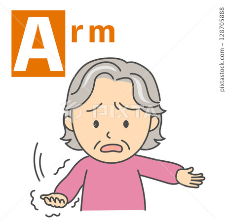 Illustration of a senior woman doing the BEFAST check for stroke "Arm" 128705888