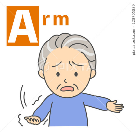 Illustration of a senior man doing the BEFAST check for stroke "Arm" 128705889
