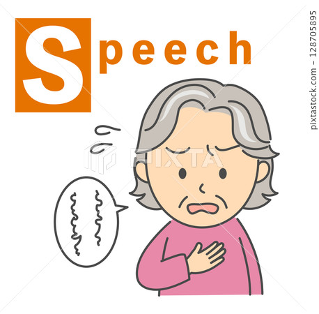 Stroke BEFAST check "Speech" illustration of a senior woman Stroke BEFAST check "Speech" illustration of a senior woman 128705895