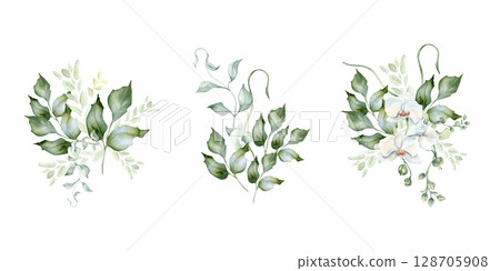 Greenery bouquet of holly branches and orchid bloom delicate watercolor clipart isolated. Foliage bunches of leaves hand drawn in soft green. White flowers for nature design, wedding, wall art. Greenery bouquet of holly branches and orchid bloom delicate watercolor clipart isolated. Foliage bunches of leaves hand drawn in soft green. White flowers for nature design, wedding, wall art. 128705908