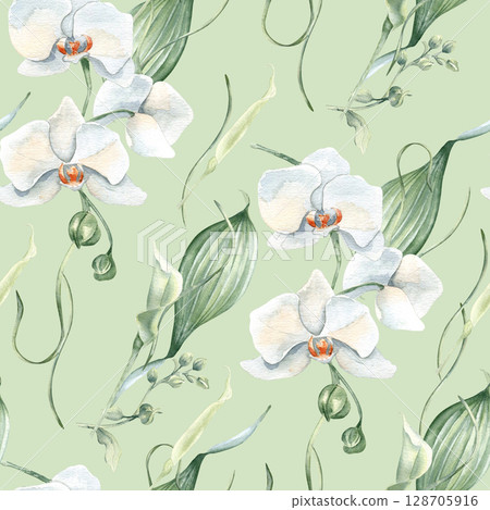 Orchid blossoms, lily buds, pale green leaves watercolor floral repeat background isolated. Botanical seamless pattern neutral tones hand drawn for stationary, pastel textiles, and natural branding. Orchid blossoms, lily buds, pale green leaves watercolor floral repeat background isolated. Botanical seamless pattern neutral tones hand drawn for stationary, pastel textiles, and natural branding. 128705916
