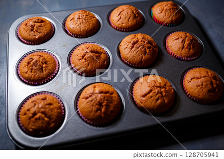 freshly baked homemade muffins in the deck 128705941