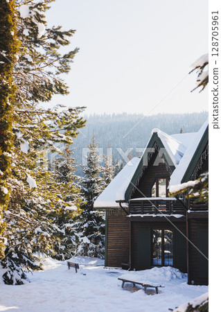 Winter snowy wooden cottage, Snow-covered trees near the house. Winter snowy wooden cottage, Snow-covered trees near the house. 128705961