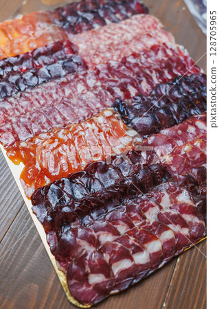 Dried meat for sandwiches. Thinly sliced smoked meat. Meat cuts. Hamon Dried meat for sandwiches. Thinly sliced smoked meat. Meat cuts. Hamon 128705965