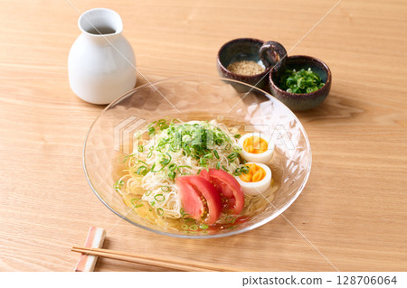Somen noodles with white broth and sesame oil flavor Somen noodles with white broth and sesame oil flavor 128706064