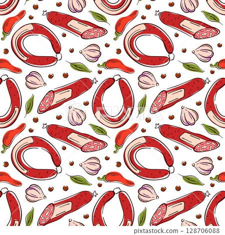 Seamless pattern with flat sausage, garlic, chili pepper, herbs and spice element. Perfect for salami day holiday, meat packaging, butcher shop, deli menu, food design and kitchen decoration. 128706088