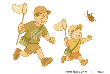 父子捕捉昆蟲的夏日回憶 | 親子自然體驗插畫 父子捕捉昆蟲的夏日回憶 | 親子自然體驗插畫 128706090