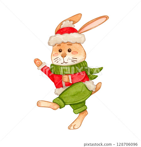 Cute Christmas bunny in red sweater, green pants, scarf, and Santa hat. Watercolor illustration in cartoon style. Perfect for holiday cards, winter childrens designs, festive decorations, printables. Cute Christmas bunny in red sweater, green pants, scarf, and Santa hat. Watercolor illustration in cartoon style. Perfect for holiday cards, winter childrens designs, festive decorations, printables. 128706096