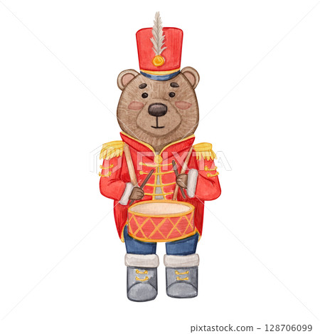 Cute bear drummer in marching band uniform. Watercolor illustration of a Christmas orchestra, holiday. New year, festive red uniform. Perfect for, childrens books, holiday cards, nursery decor. 128706099