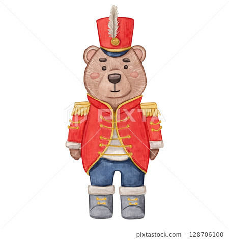 Cute bear in a red parade uniform with golden epaulettes, standing at attention. Watercolor illustration of a Christmas orchestra, holiday. New year. Perfect for, books, holiday cards, nursery decor. 128706100