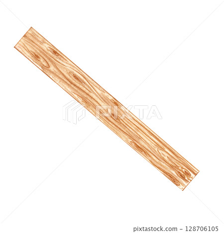 A wooden board with natural texture on a white background. Watercolor illustration of rustic home details. Cozy cabin or Christmas village atmosphere. Perfect for postcards, stickers, winter decor. 128706105