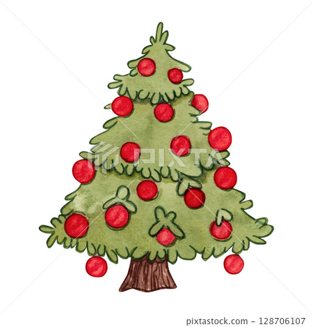 Christmas tree with red balls. Watercolor illustration of a Christmas tree in cartoon style. From the Christmas Orchestra collection. A joyful and warm winter symbol. Perfect for cards, stickers. Christmas tree with red balls. Watercolor illustration of a Christmas tree in cartoon style. From the Christmas Orchestra collection. A joyful and warm winter symbol. Perfect for cards, stickers. 128706107