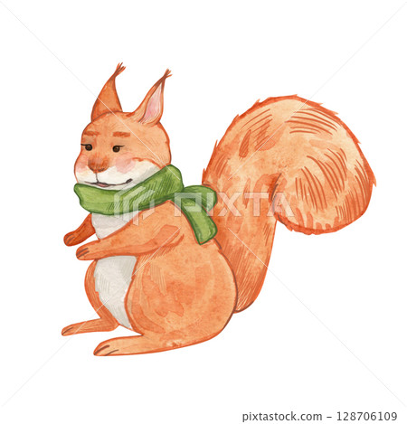 A cute red squirrel wearing a green scarf. Watercolor animal illustration with cozy winter vibes. Retro. Christmas tema. Perfect for woodland themes, holiday cards, nursery decor, seasonal stickers. 128706109