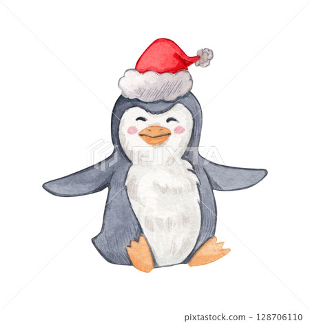 A smiling penguin wearing a red Santa hat. Watercolor illustration of a winter animal. A Christmas motif. The collection of the Christmas orchestra with bears. Great for postcards, prints, stickers. A smiling penguin wearing a red Santa hat. Watercolor illustration of a winter animal. A Christmas motif. The collection of the Christmas orchestra with bears. Great for postcards, prints, stickers. 128706110