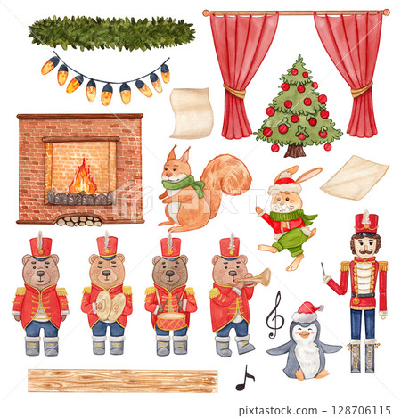 A cozy Christmas scene with fireplace, toys, tree, curtain, and decor. Watercolor illustrations. Garland, Christmas orchestra. Warm festive style with vintage feel. Great for cards, posters, books. A cozy Christmas scene with fireplace, toys, tree, curtain, and decor. Watercolor illustrations. Garland, Christmas orchestra. Warm festive style with vintage feel. Great for cards, posters, books. 128706115