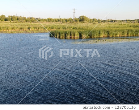 River bank with reeds. Tobol river in Kostanay city River bank with reeds. Tobol river in Kostanay city 128706136