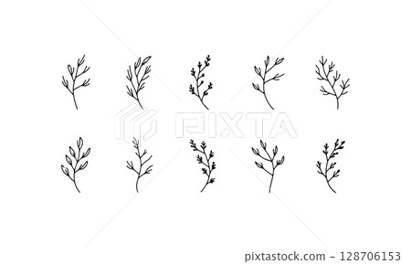 Wildflowers and Leaves Set. A charming collection of meadow-inspired wildflower and leaf illustrations, capturing natural beauty and seasonal change. 128706153