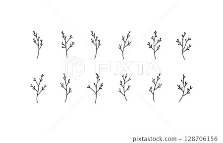 Decorative Leaf Motifs Set. A selection of artistic leaf icons and ornamental plant designs for borders, logos, and print materials. 128706156