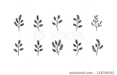 Abstract Botanical Doodles. A quirky set of abstracted leaf and plant shapes, ideal for modern graphics, backgrounds, and branding. 128706162