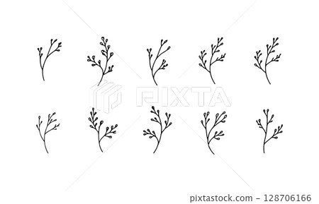 Simple Foliage Set. Thin Line Elements is a clean botanical collection with small hand-drawn twigs and sprigs, perfect for elegant and modern compositions. 128706166
