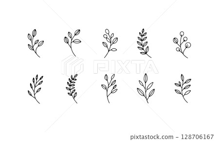 Vintage Botanical Etching Set. A series of botanical illustrations inspired by antique etchings, with fine lines and historical elegance. 128706167