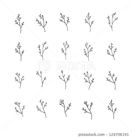 Simple Foliage Set. Thin Line Elements is a clean botanical collection with small hand-drawn twigs and sprigs, perfect for elegant and modern compositions. 128706191