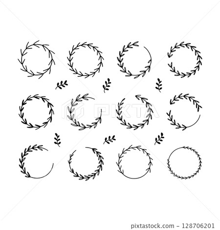 Botanical Frames and Branches Set. A collection of hand-drawn leafy branches and circular frames in elegant line style, perfect for invitations, logos, packaging, and nature-themed design. 128706201