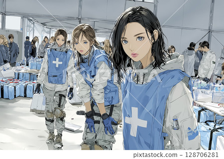 在避難所支援的女性工作人員插圖素材 在避難所支援的女性工作人員插圖素材 128706281