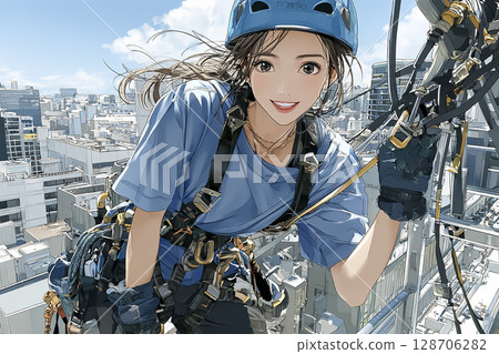 一位微笑高空作業女工的插畫素材 一位微笑高空作業女工的插畫素材 128706282