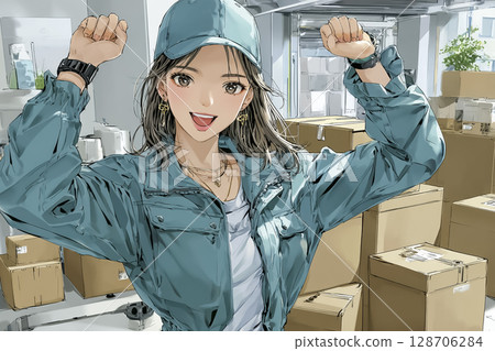 Illustration material of a woman posing in front of many cardboard boxes 128706284