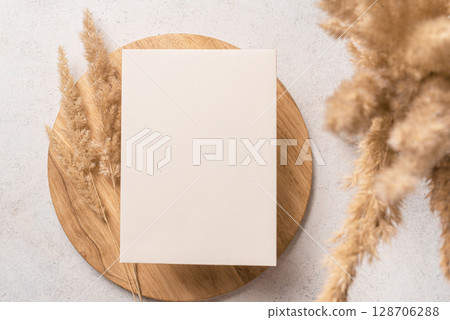 Boho blank invitation card template with dry plants 128706288