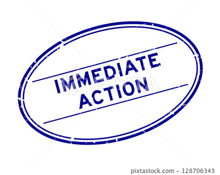 Grunge blue immediate action word oval rubber seal stamp on white background 128706343