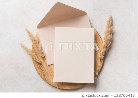 Boho blank invitation card template with dry plants 128706418