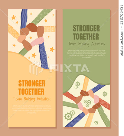 Flat banner set with hands of diverse group. Multicultural team and community reflect teamwork, solidarity, and support. Together concept with colorful elements promotes unity equality, ideal for 128706455