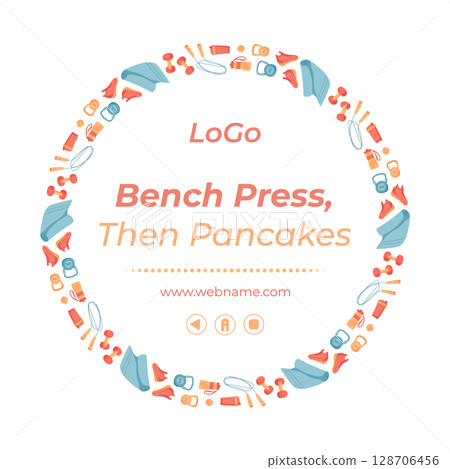 Colorful frame of gym and sport equipment. Bright banner design for fitness and workout activities. Minimal background with accessories for training or healthy programs. 128706456