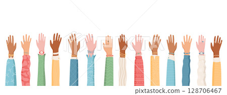 Set of raised open hands in a flat colorful style. A vibrant representation of multicultural and diverse community people. Symbolizing unity, equality, and open human connections, ideal for social, 128706467