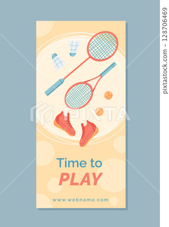 Flat badminton banner with sport equipment like rackets and shoes. Gym and workout gear arranged creatively. Minimal design background with player activity theme, perfect for modern banner designs. 128706469